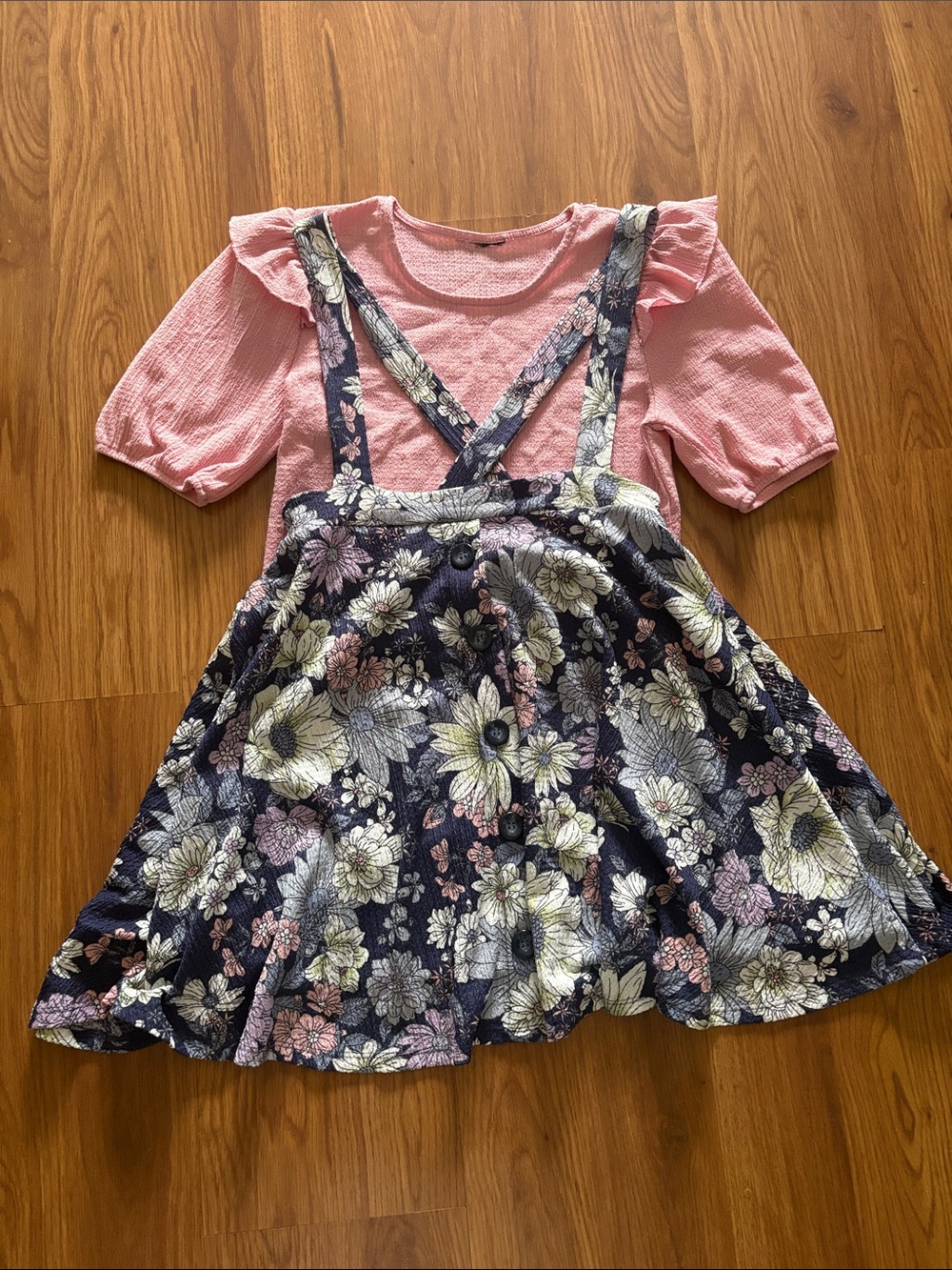 by & by Pink Top with Navy Floral Pinafore Dress